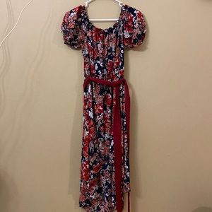 Floral red and pink high-low dress